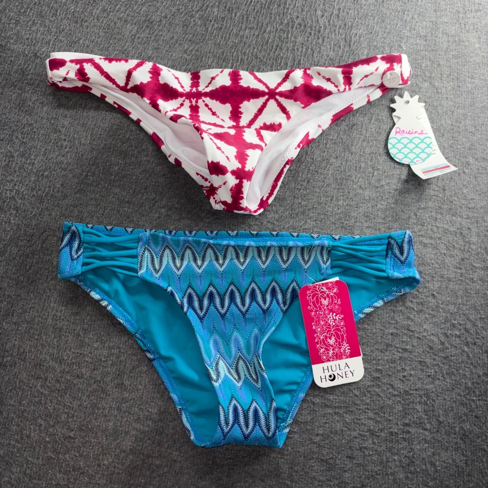 Lot of 2 Raisins Hula Honey Bikini Bottoms Medium Blue Chevron Burgundy Tie Dye